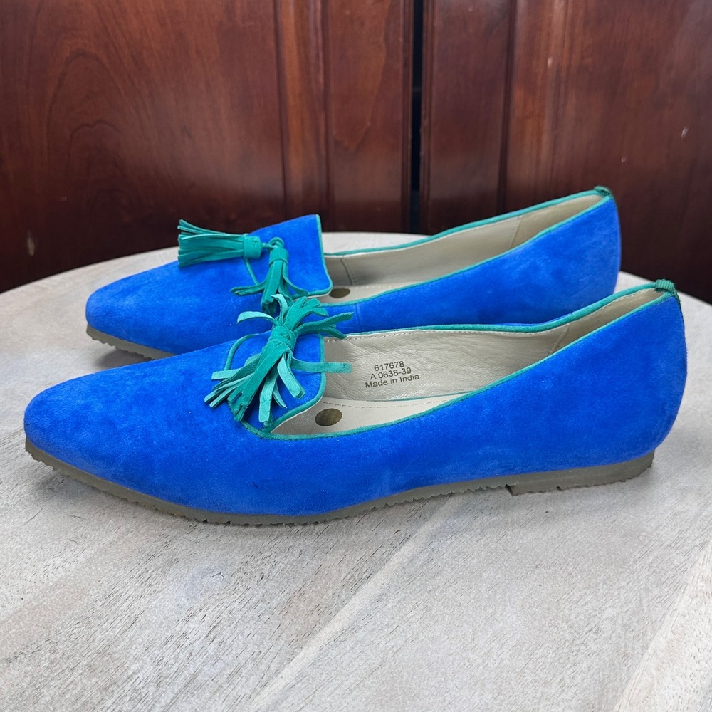 Boden Blue Suede Tassel Loafers Green Trim Pointed Toe Flats Mens EU 39 - Picture 9 of 12